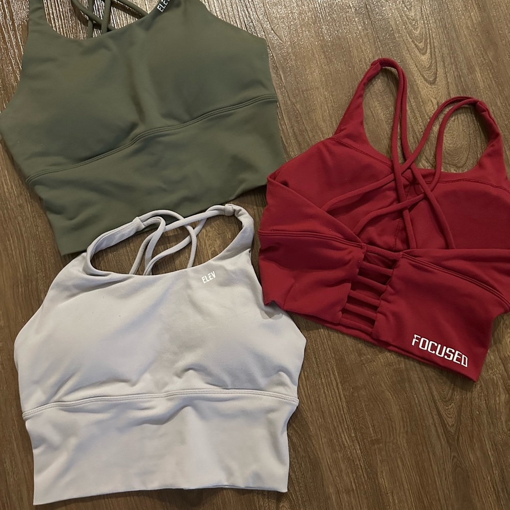 Set of Three Athletic Crop Tops - Green, Gray, Red